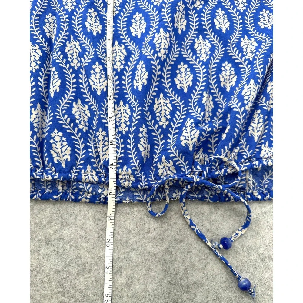 ZARA Oversized Crop Top Blue Cotton Drawstring Long Ballon Sleeves Women's Small